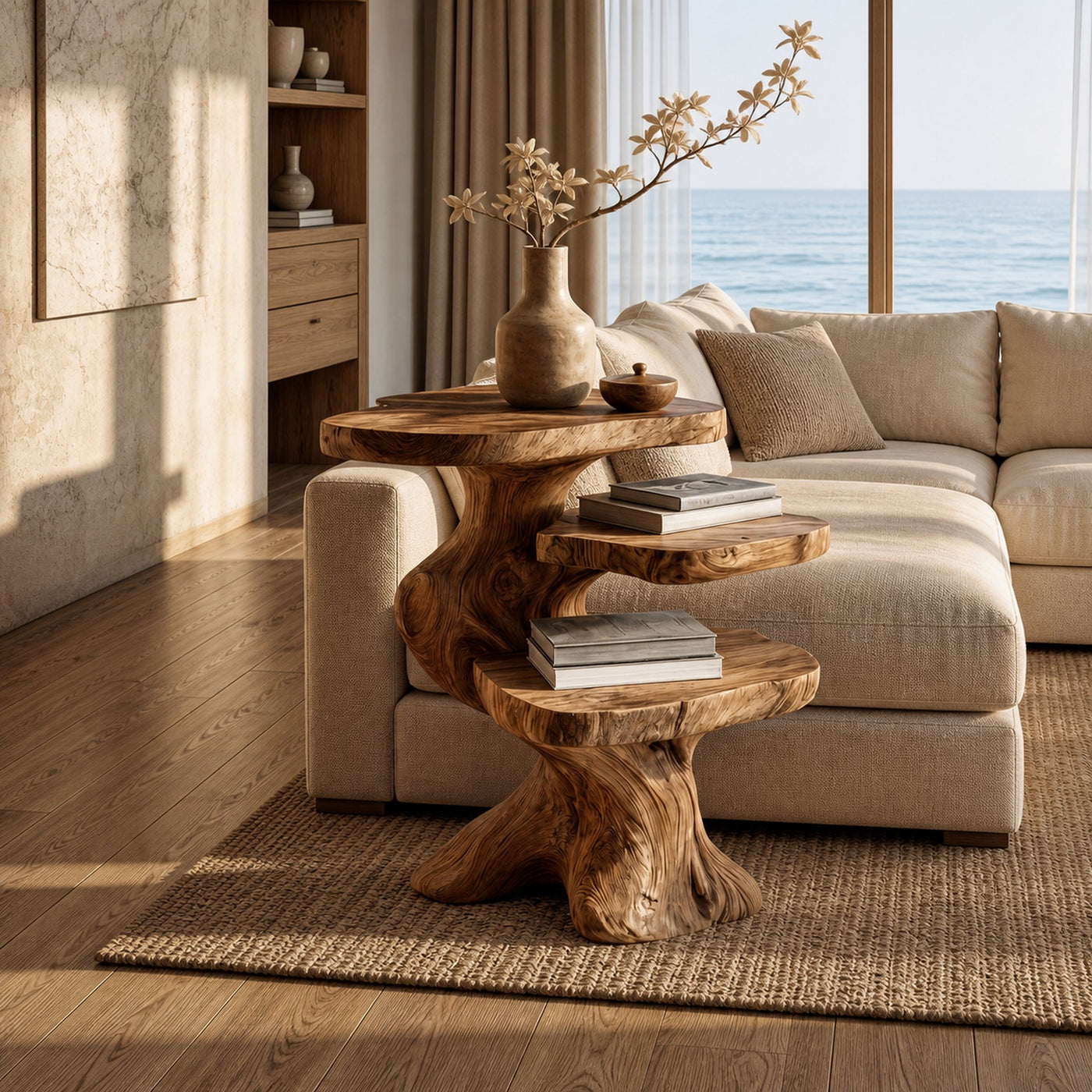 Contemporary Beside Table With Smooth Sculptural Base For Living Room And Bedroom