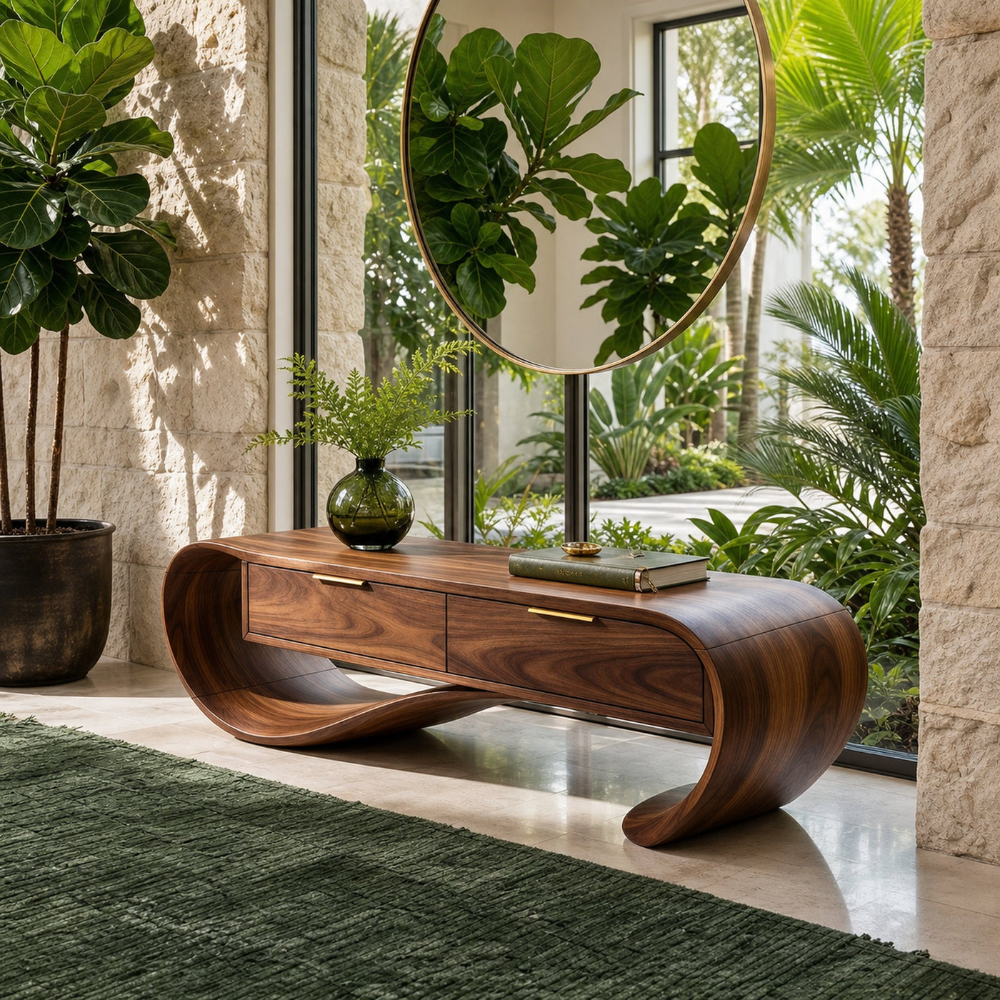 Contemporary Curved Bench With Drawer Storage For Entryway Interior