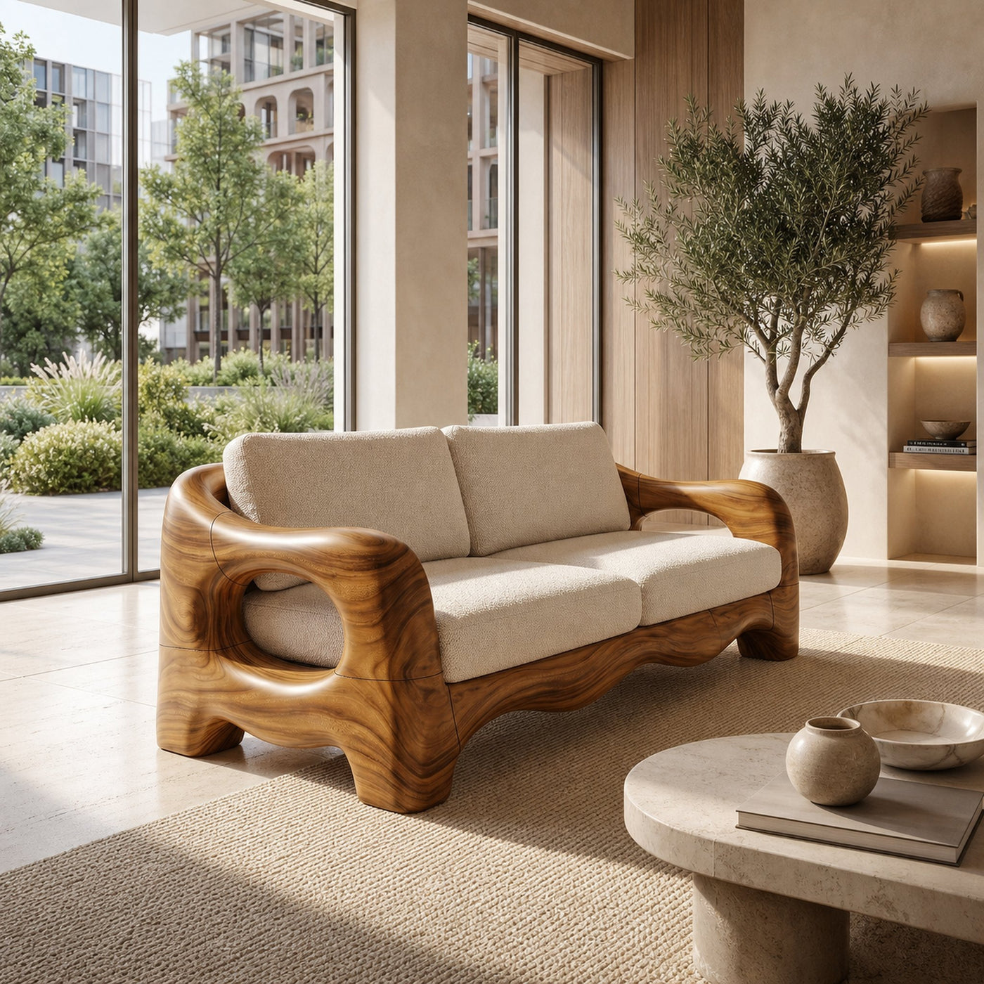 Contemporary Curved Wood Sofa Urban Apartment Interior