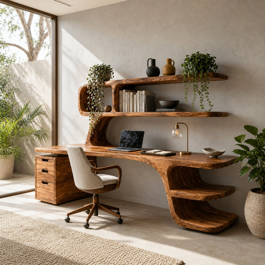 Contemporary Desk With Built In Bookshelves And Drawers For Workspace