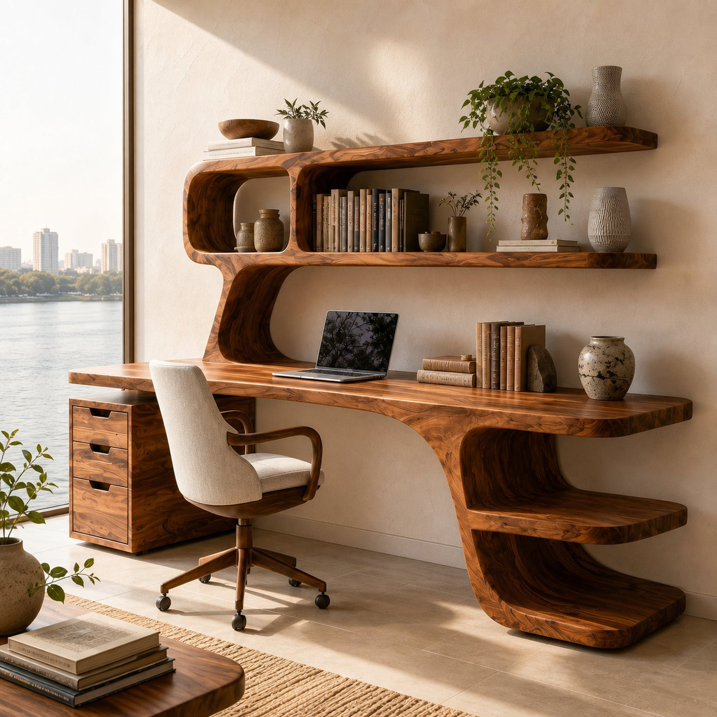 Contemporary Desk With Built In Bookshelves And Drawers For Workspace - product view 6
