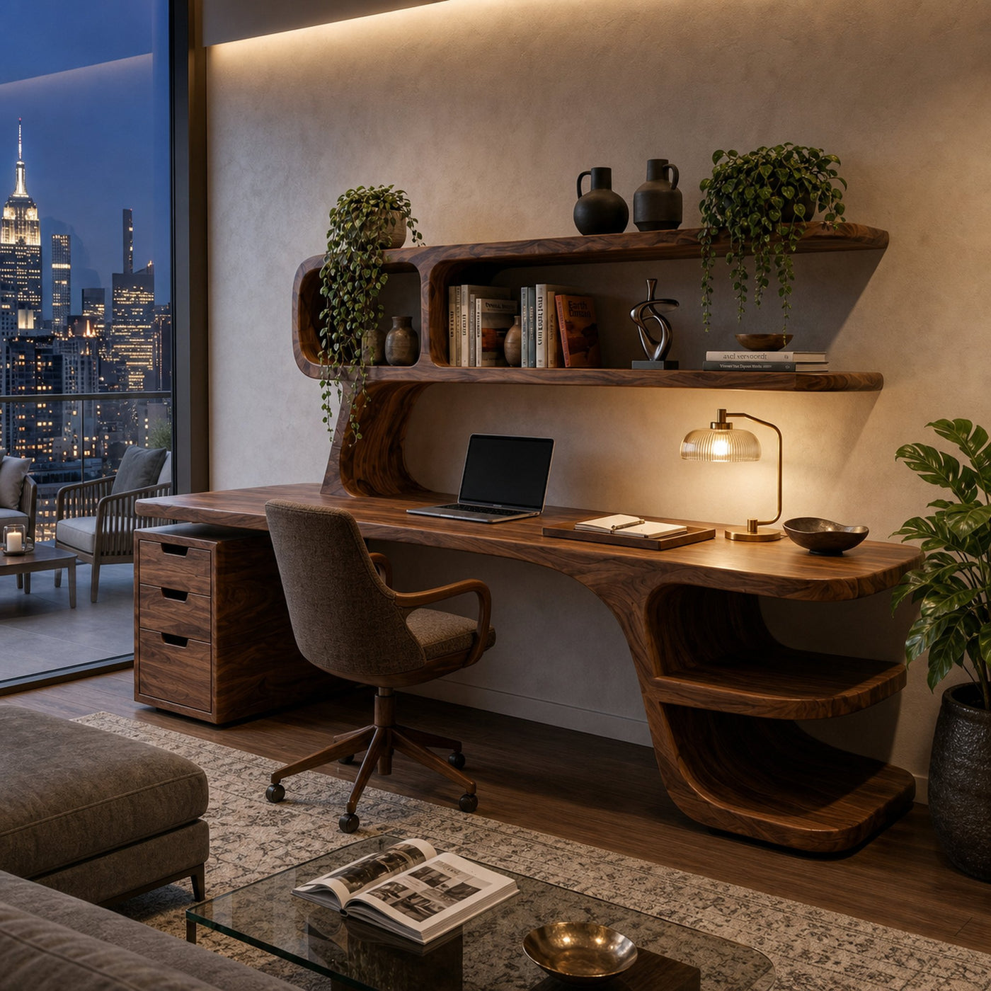 Contemporary Desk With Built In Bookshelves And Drawers For Workspace - product view 7