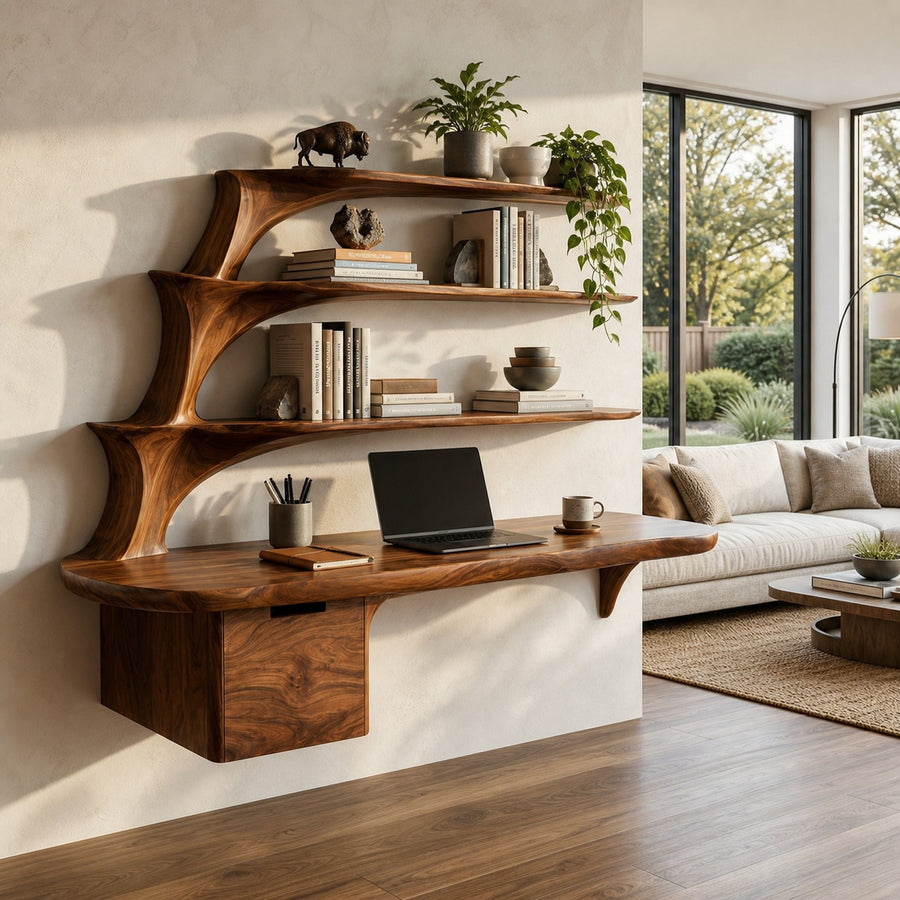 Contemporary Floating Desk With Display Shelves And Drawers For Workspace
