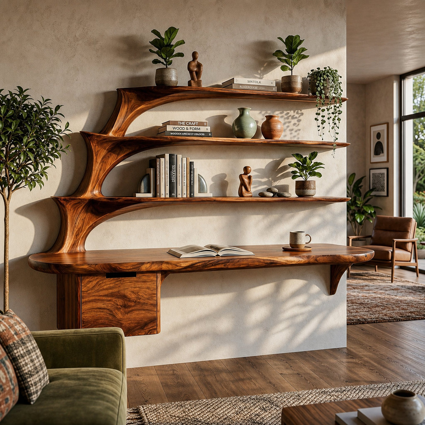 Contemporary Floating Desk With Display Shelves And Drawers For Workspace - product view 6