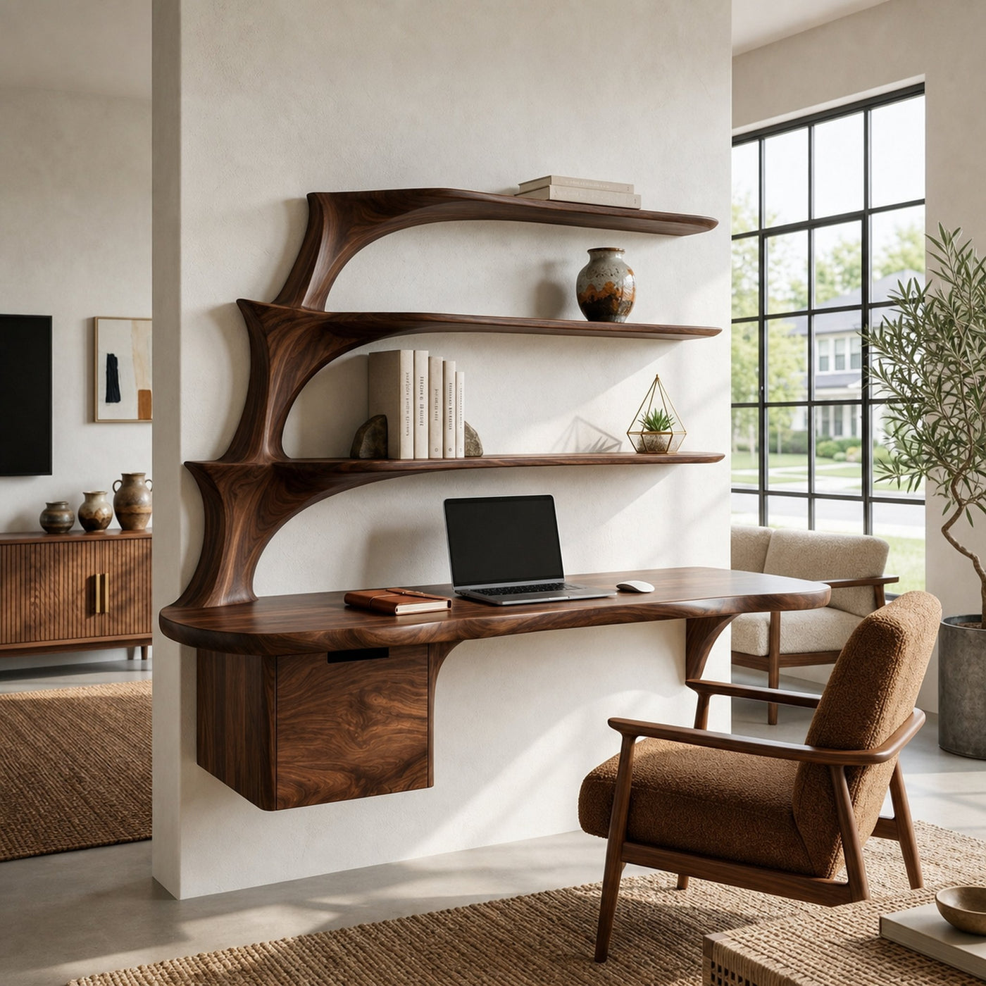 Contemporary Floating Desk With Display Shelves And Drawers For Workspace - product view 7