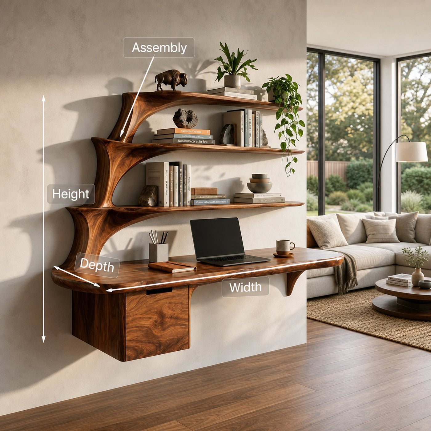 Contemporary Floating Desk With Display Shelves And Drawers For Workspace - product view 8