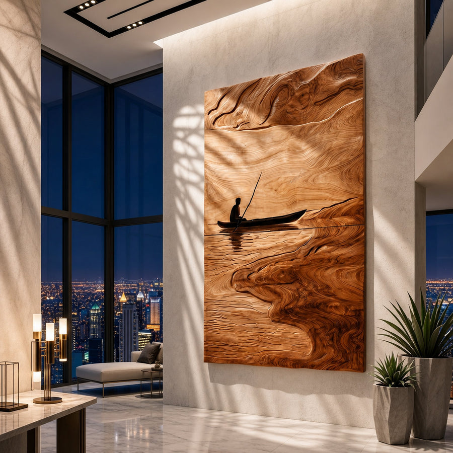 Contemporary Lake Wood Wall Art For Modern Rustic Living Room Decor