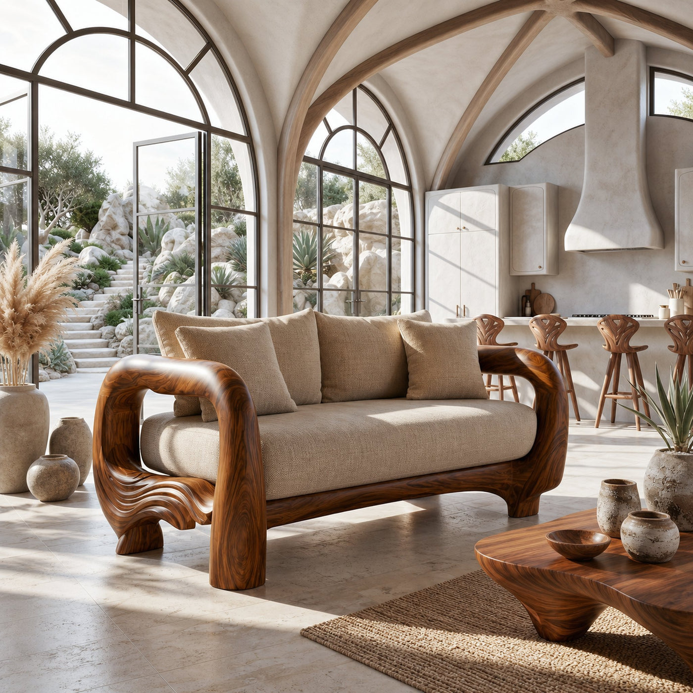 Contemporary Lounge Sofa Frame With Sculptural Wooden Base For Living Room