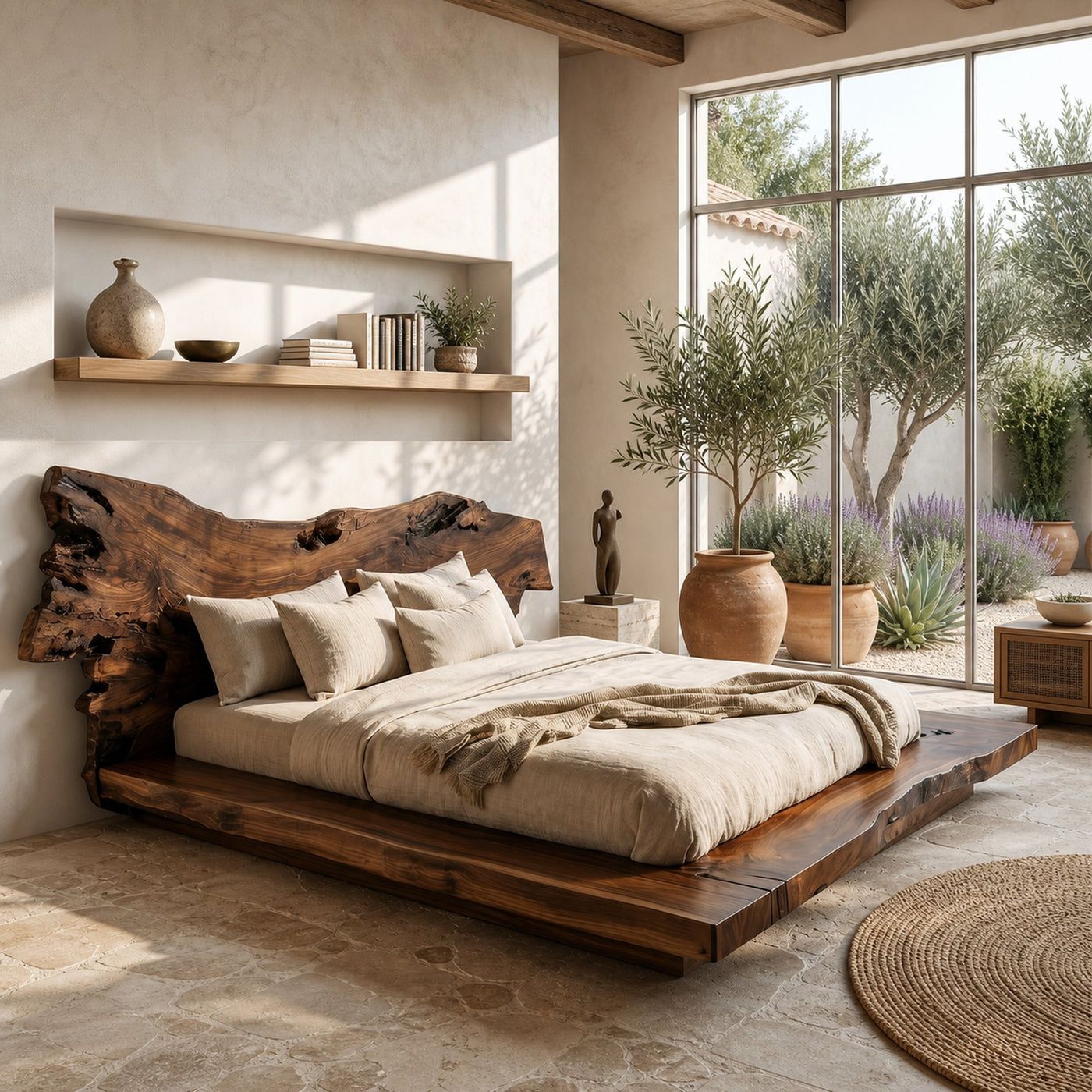 Contemporary Low Profile Bed Frame With Organic Wood Headboard For Bedroom