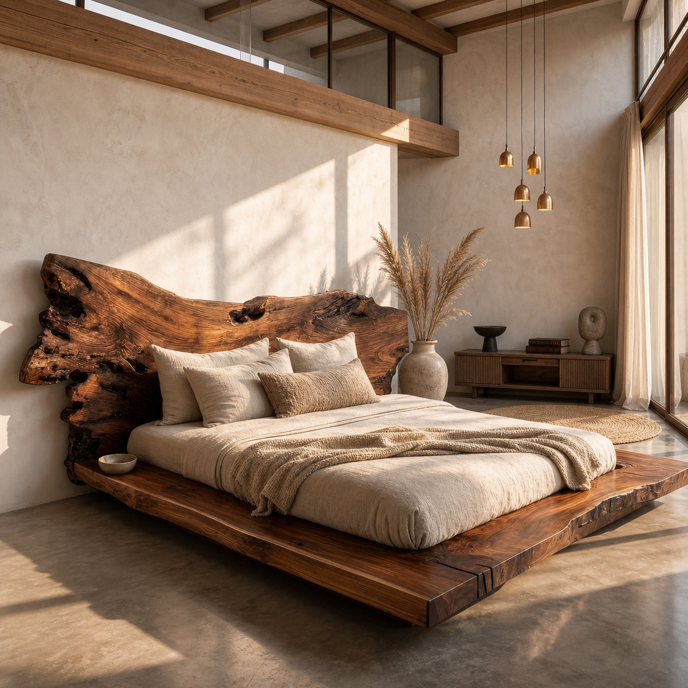 Contemporary Low Profile Bed Frame With Organic Wood Headboard For Bedroom - product view 6