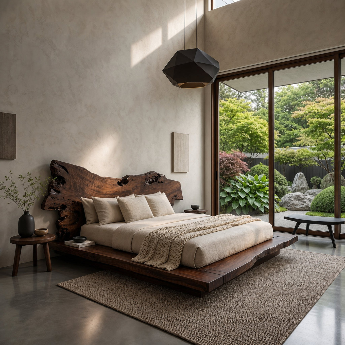 Contemporary Low Profile Bed Frame With Organic Wood Headboard For Bedroom - product view 7