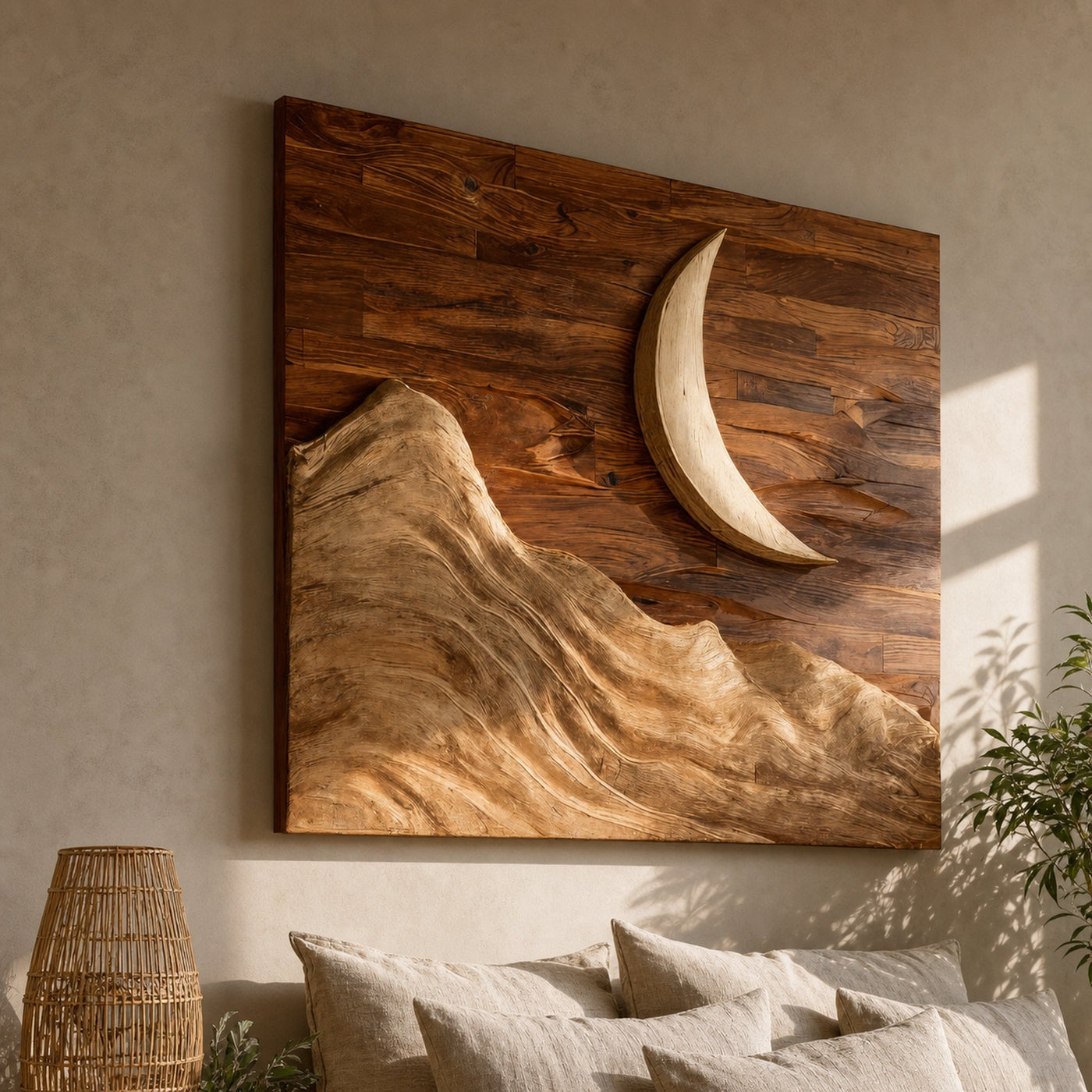 Contemporary Moon Over Mountains Wooden Wall Art For Home - product view 6