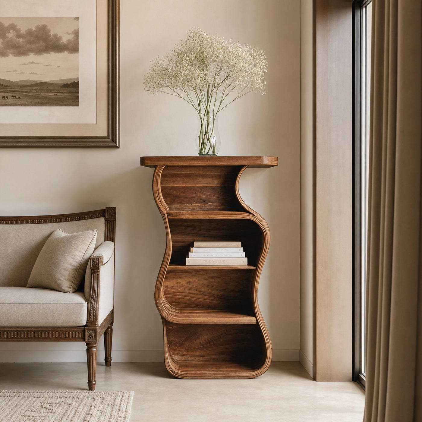 Contemporary Nightstand Sculptural With Open Shelf For Bedroom