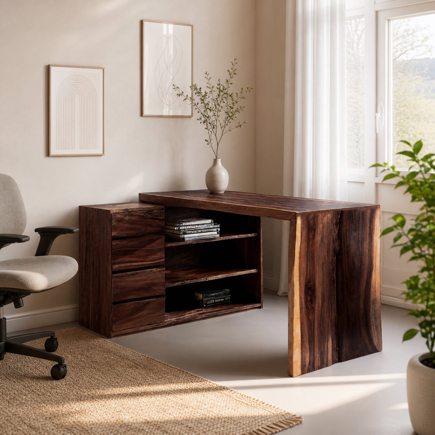 Contemporary Office Desk With Open Shelving For Workspace - product view 7