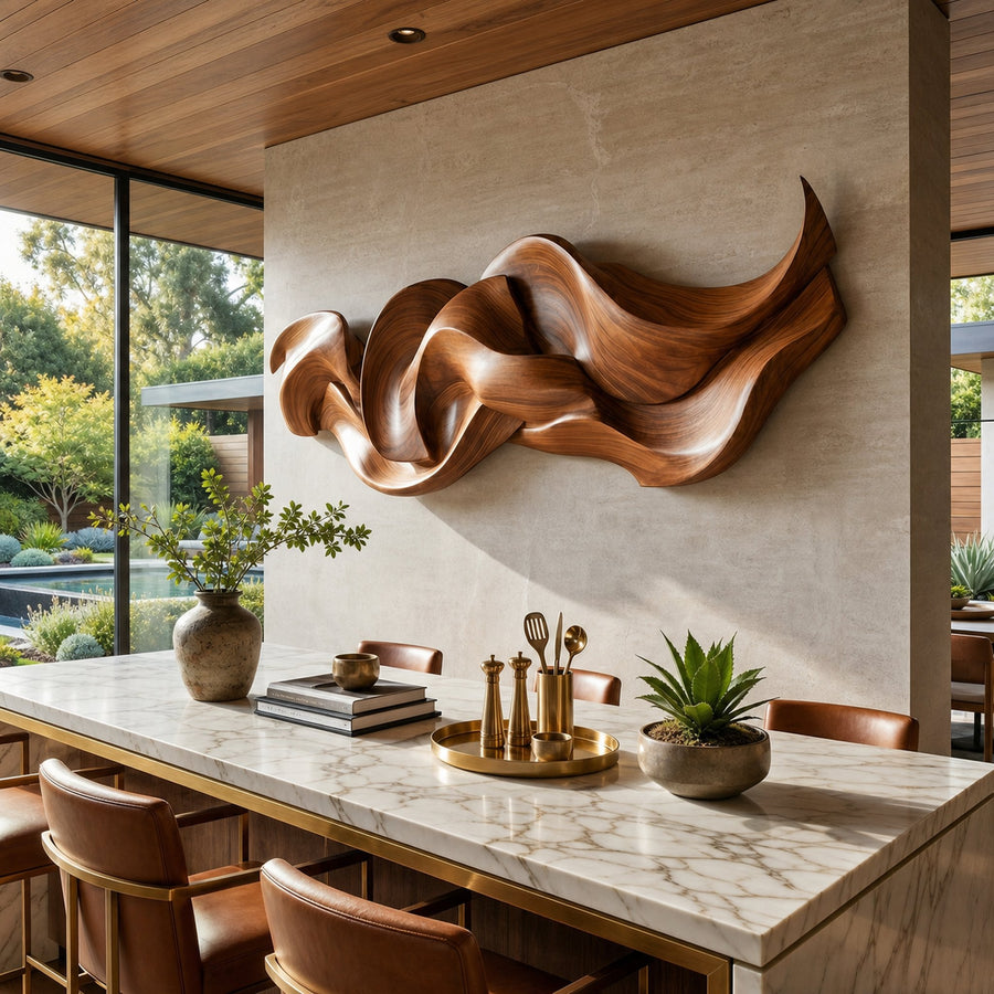 Contemporary Organic Ribbon Wood Wall Art Dining Room Interior Decor