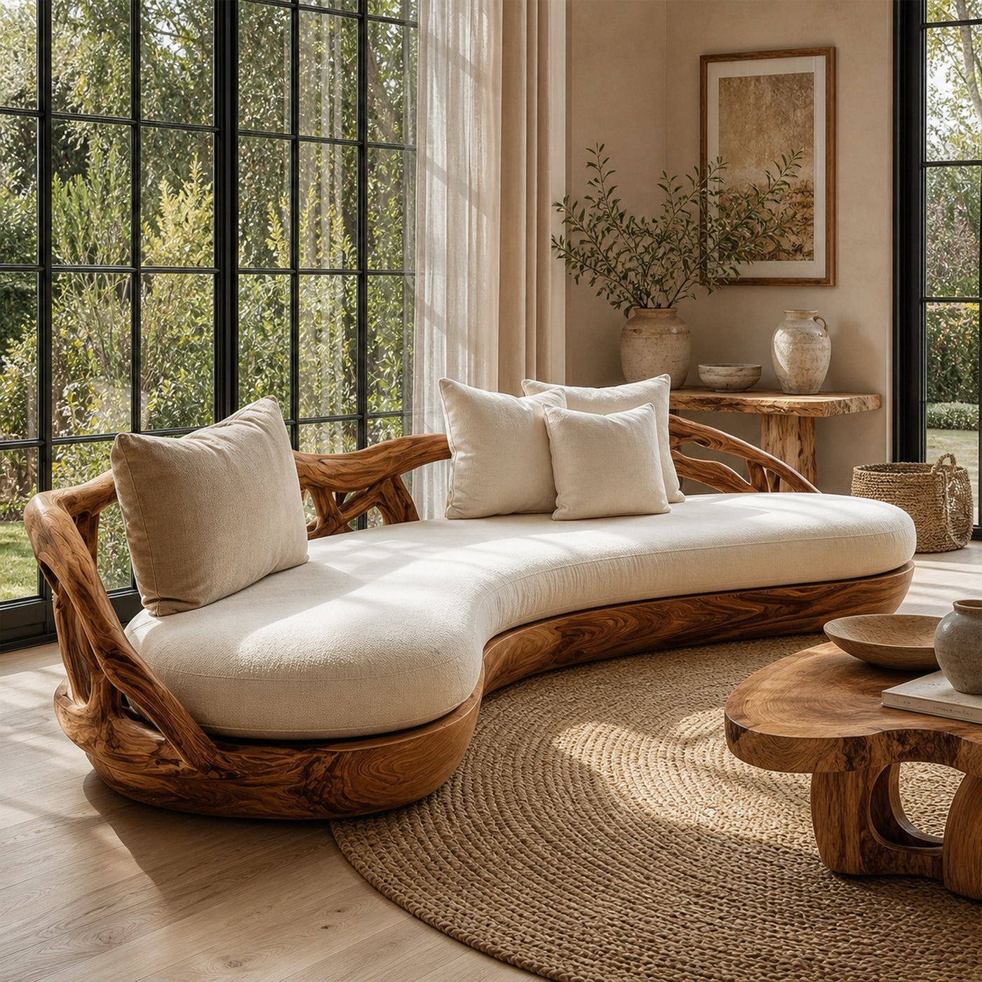 Contemporary Organic Sofa Solid Wood Frame Smooth Curved Design Living Room And Lounge