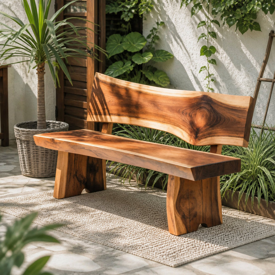 Contemporary Outdoor Wood Bench With Sculpted Back For Patio Or Courtyard