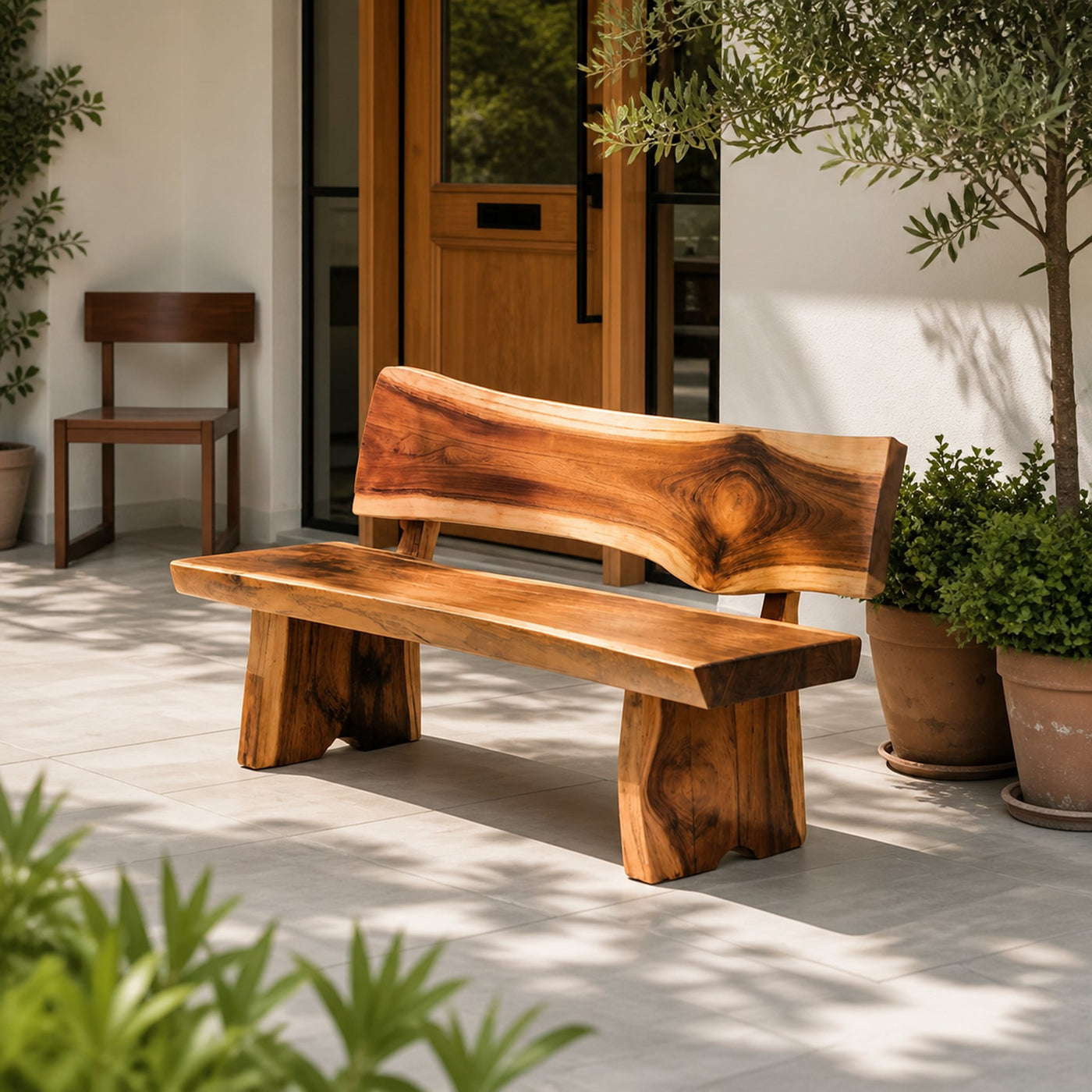 Contemporary Outdoor Wood Bench With Sculpted Back For Patio Or Courtyard - product view 6