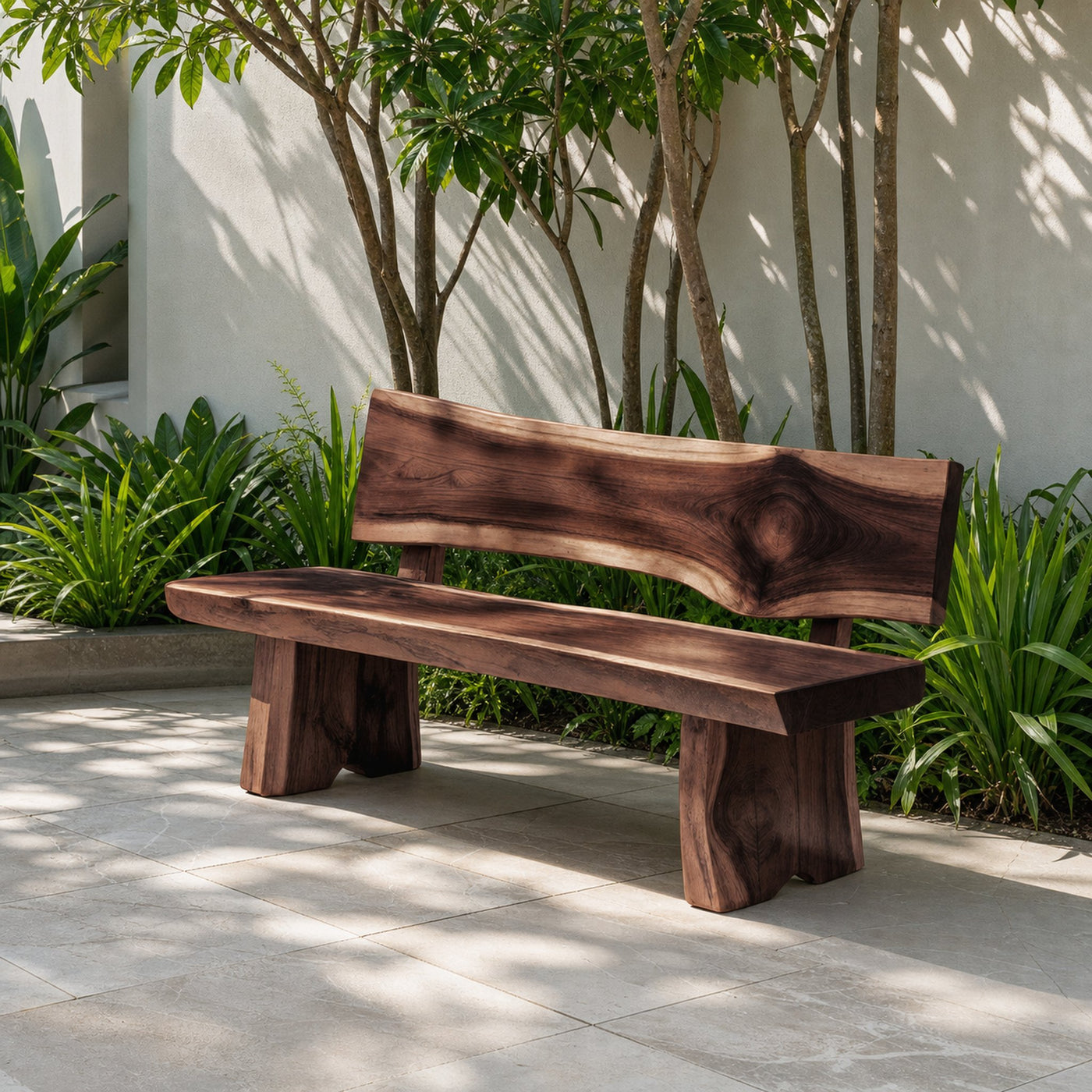 Contemporary Outdoor Wood Bench With Sculpted Back For Patio Or Courtyard - product view 7