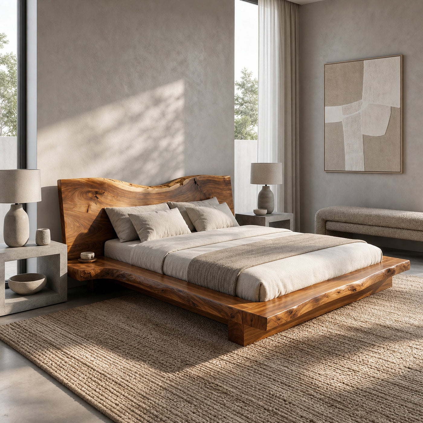 Contemporary Platform Bed Frame With Solid Wood Headboard For Bedroom