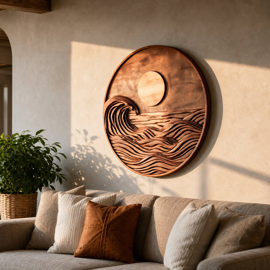 Contemporary Round Wall Art Ocean Wave For Living Room