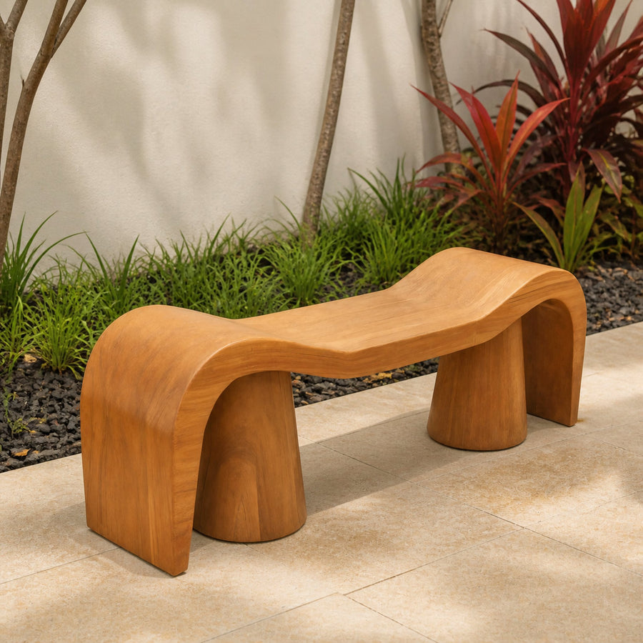 Contemporary Sculpted Wood Bench For Garden Or Patio