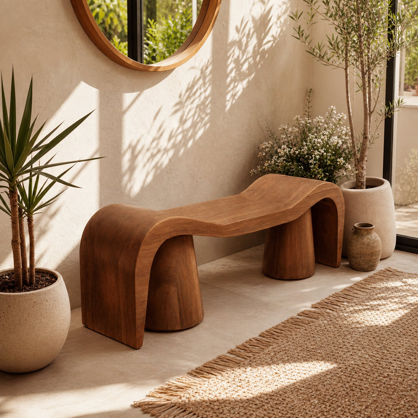 Contemporary Sculpted Wood Bench For Garden Or Patio - product view 6