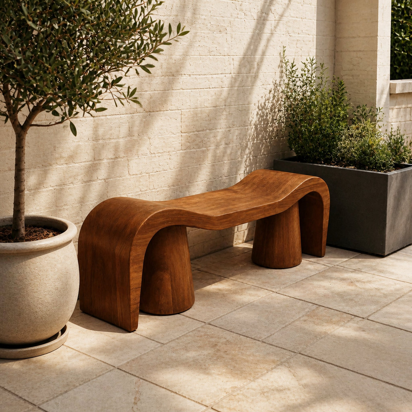 Contemporary Sculpted Wood Bench For Garden Or Patio - product view 7