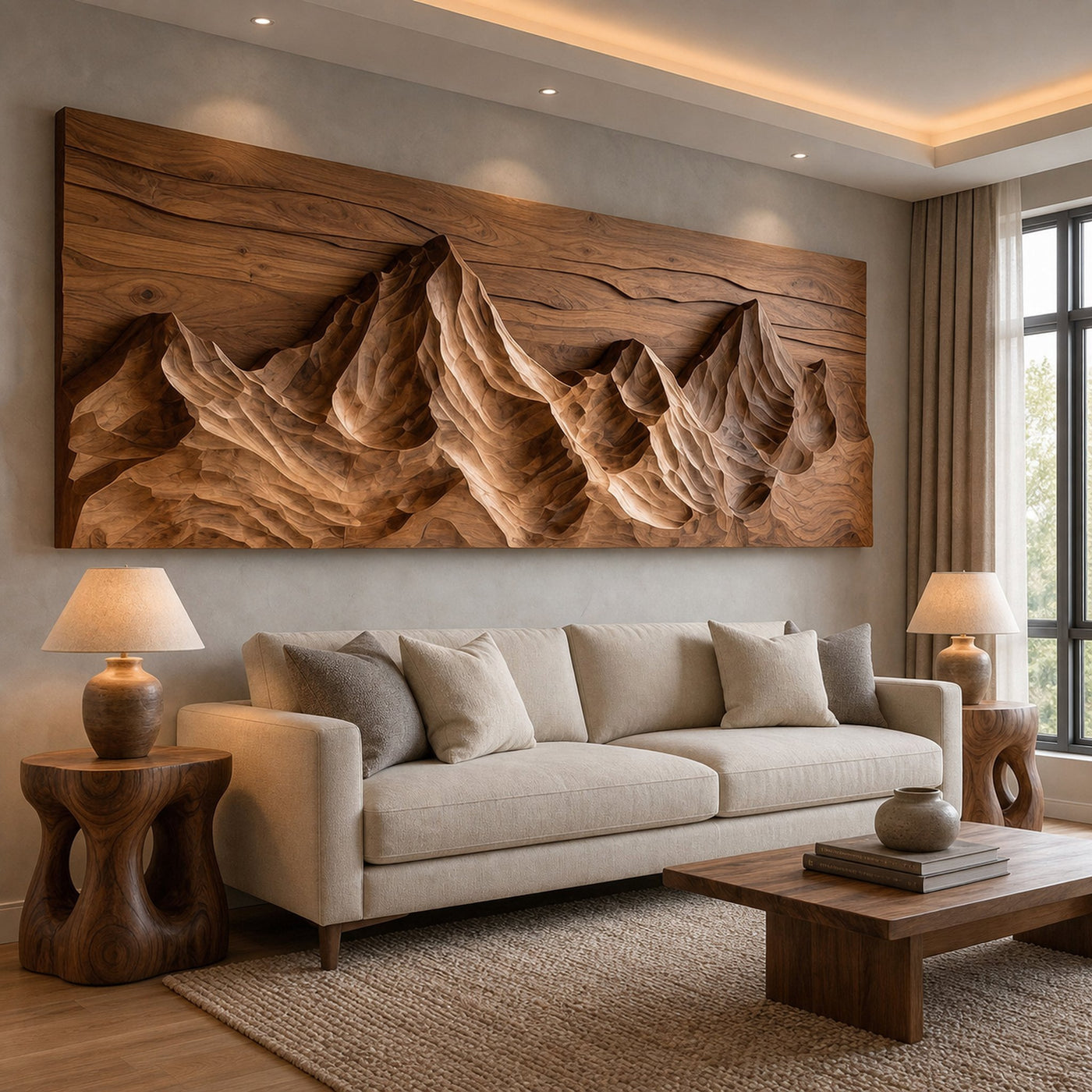 Contemporary Sculptural Wood Wall Art Mountain Design For Living Room