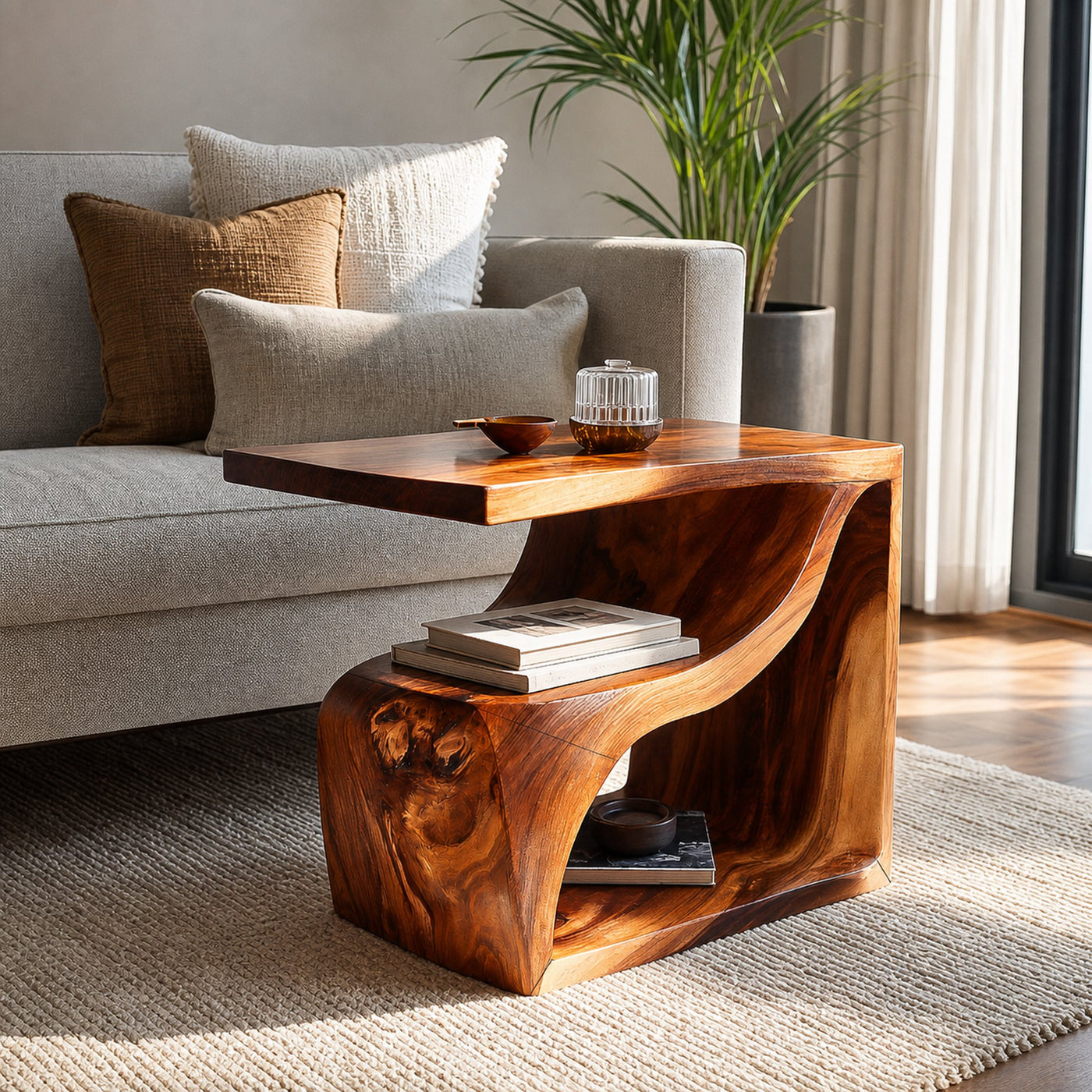 Contemporary Sculptural Wooden Side Table For Living Spaces