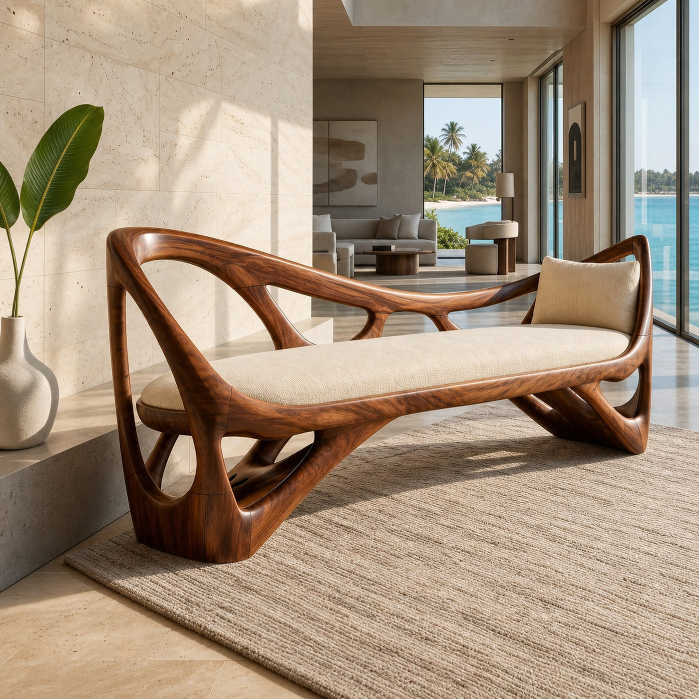 Contemporary Solid Wood Bench Family Room