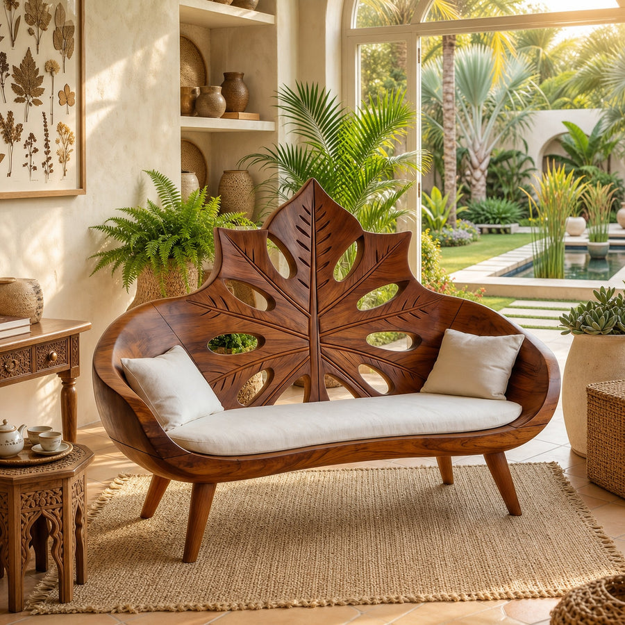 Contemporary Sunburst Leaf Back Bench For Lounge Interior Space