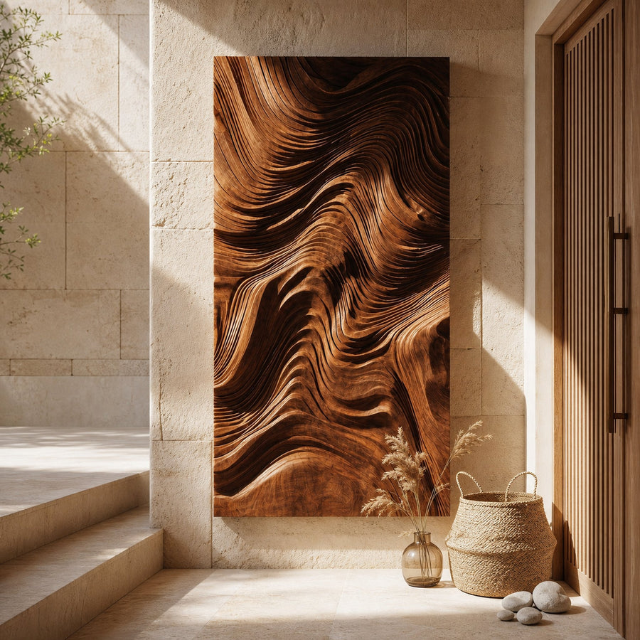 Contemporary Wave Carved Texture Wood Wall Art For Entryway