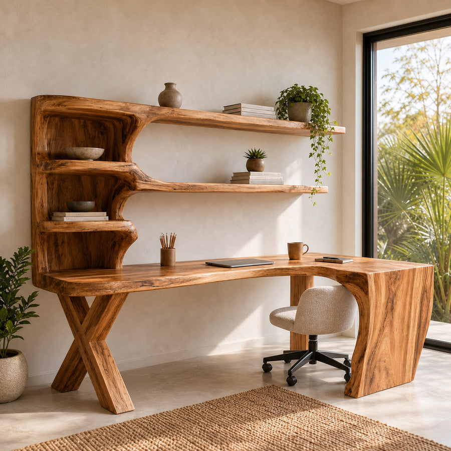 Contemporary Wood Desk With Curved Bookshelves For Home Office