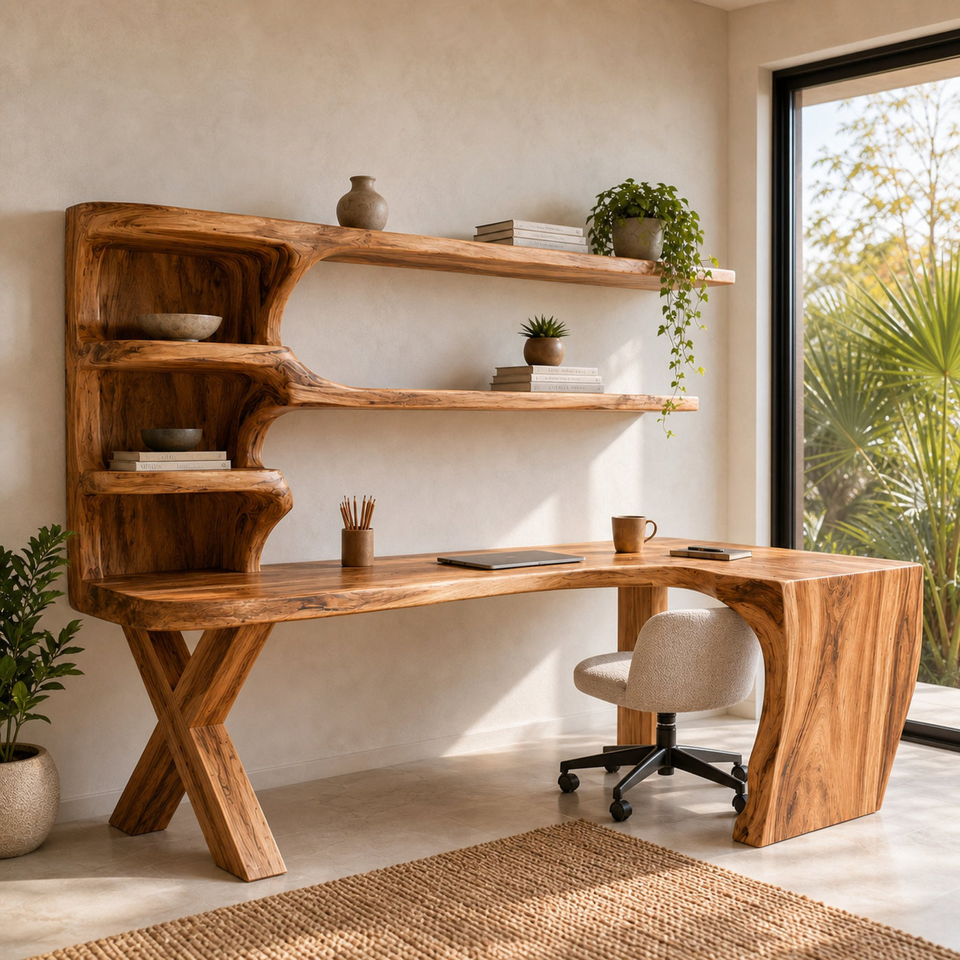 Contemporary Wood Desk With Curved Bookshelves For Home Office