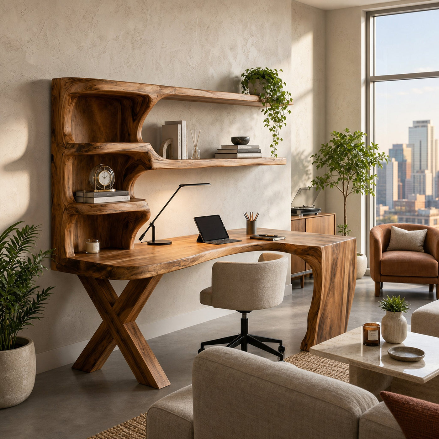 Contemporary Wood Desk With Curved Bookshelves For Home Office - product view 6