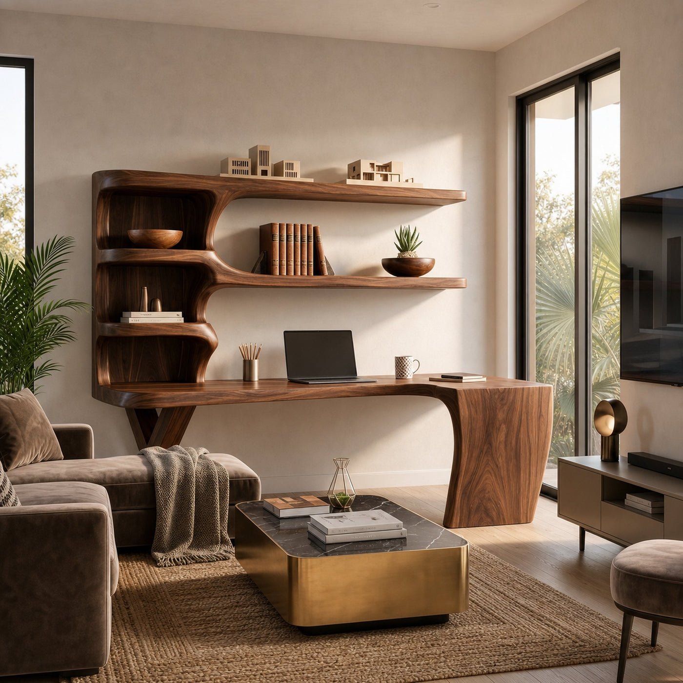 Contemporary Wood Desk With Curved Bookshelves For Home Office - product view 7