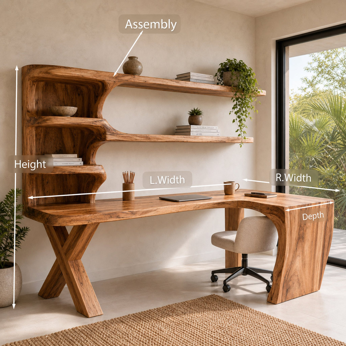 Contemporary Wood Desk With Curved Bookshelves For Home Office - product view 8