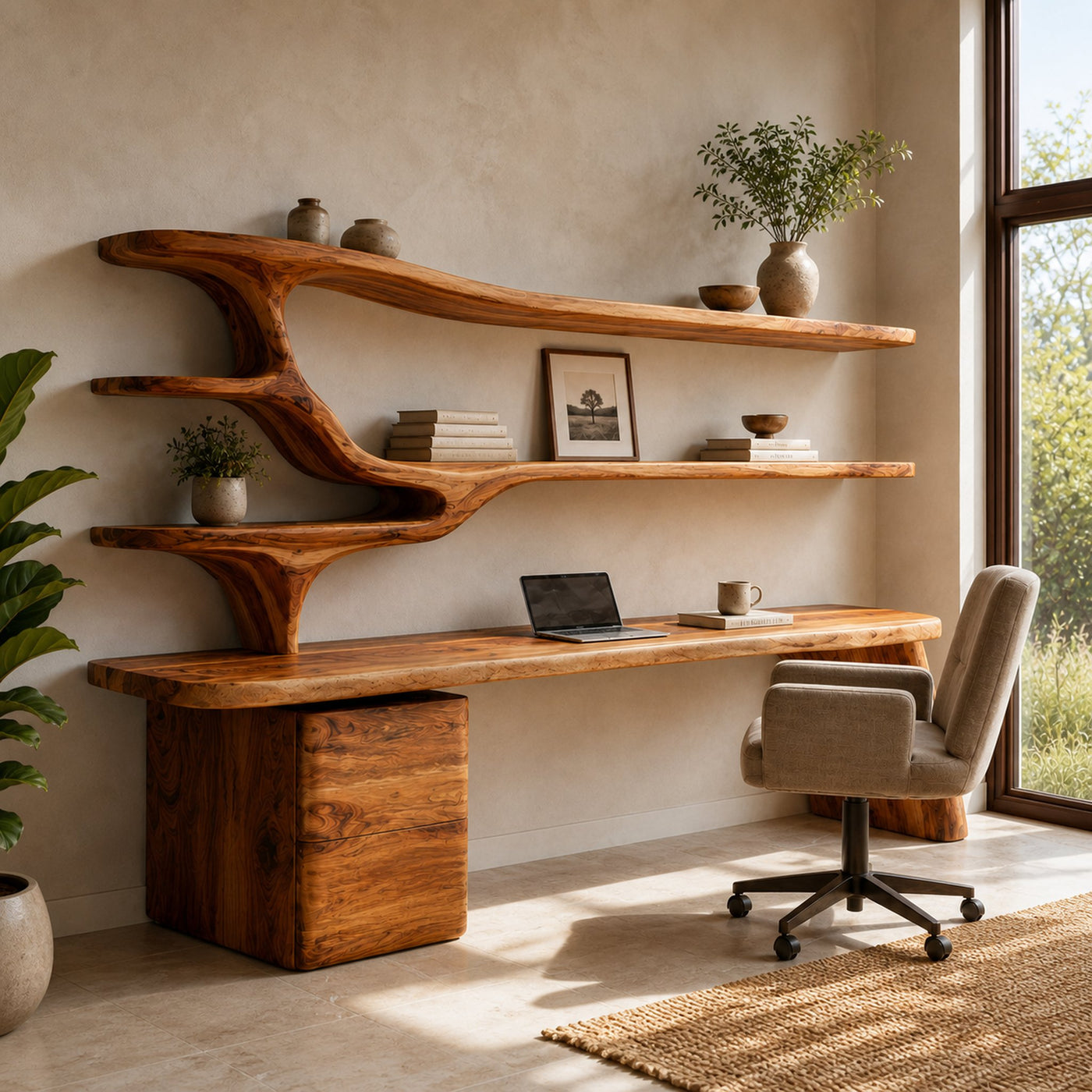 Contemporary Wood Desk With Sculptural Bookshelves For Workspace