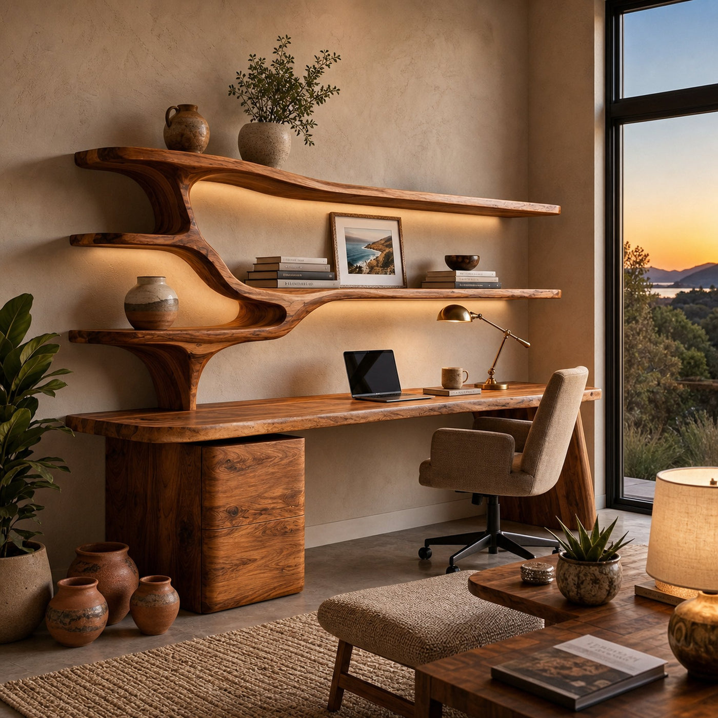 Contemporary Wood Desk With Sculptural Bookshelves For Workspace - product view 6