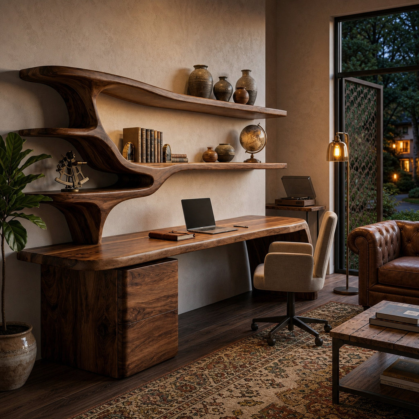 Contemporary Wood Desk With Sculptural Bookshelves For Workspace - product view 7
