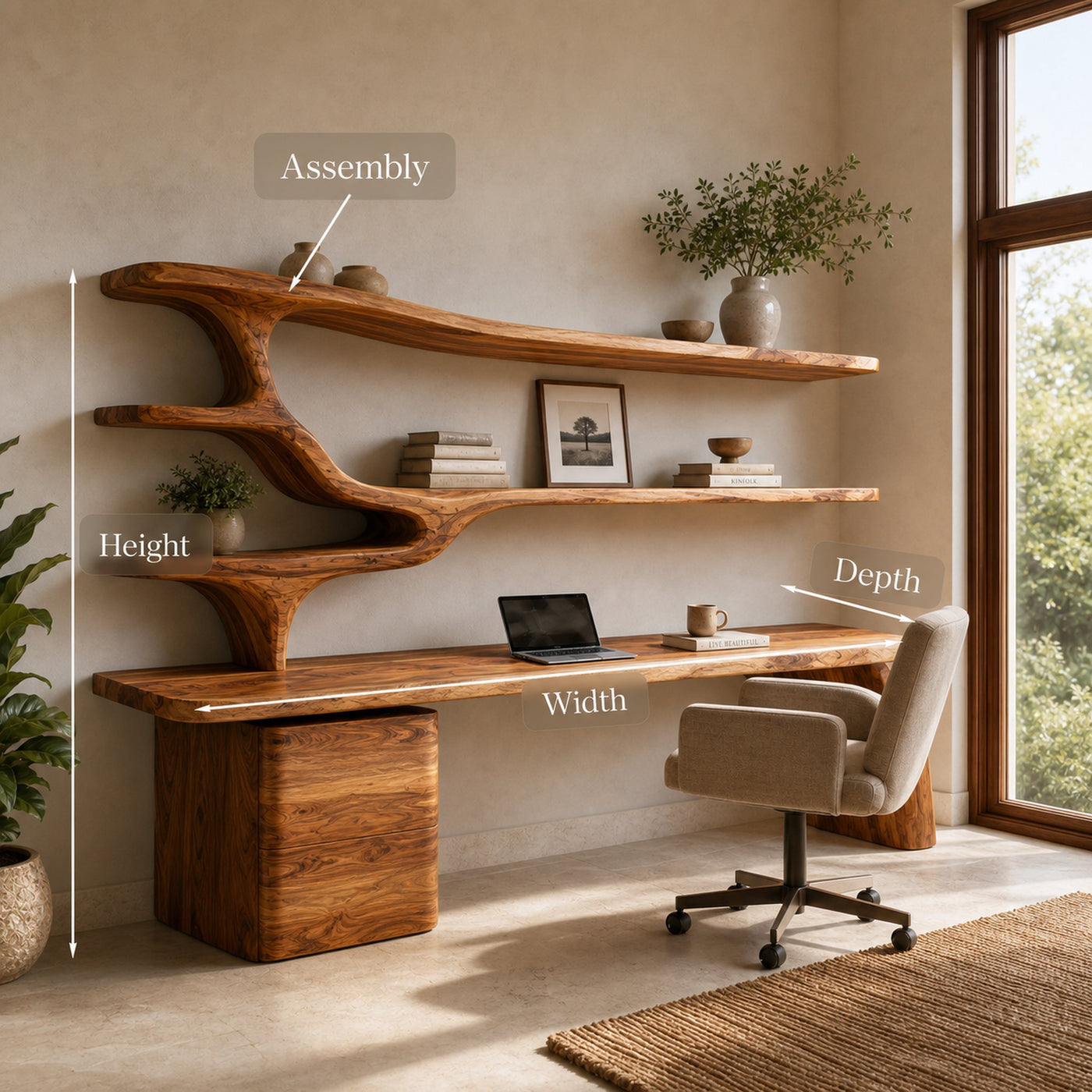 Contemporary Wood Desk With Sculptural Bookshelves For Workspace - product view 8