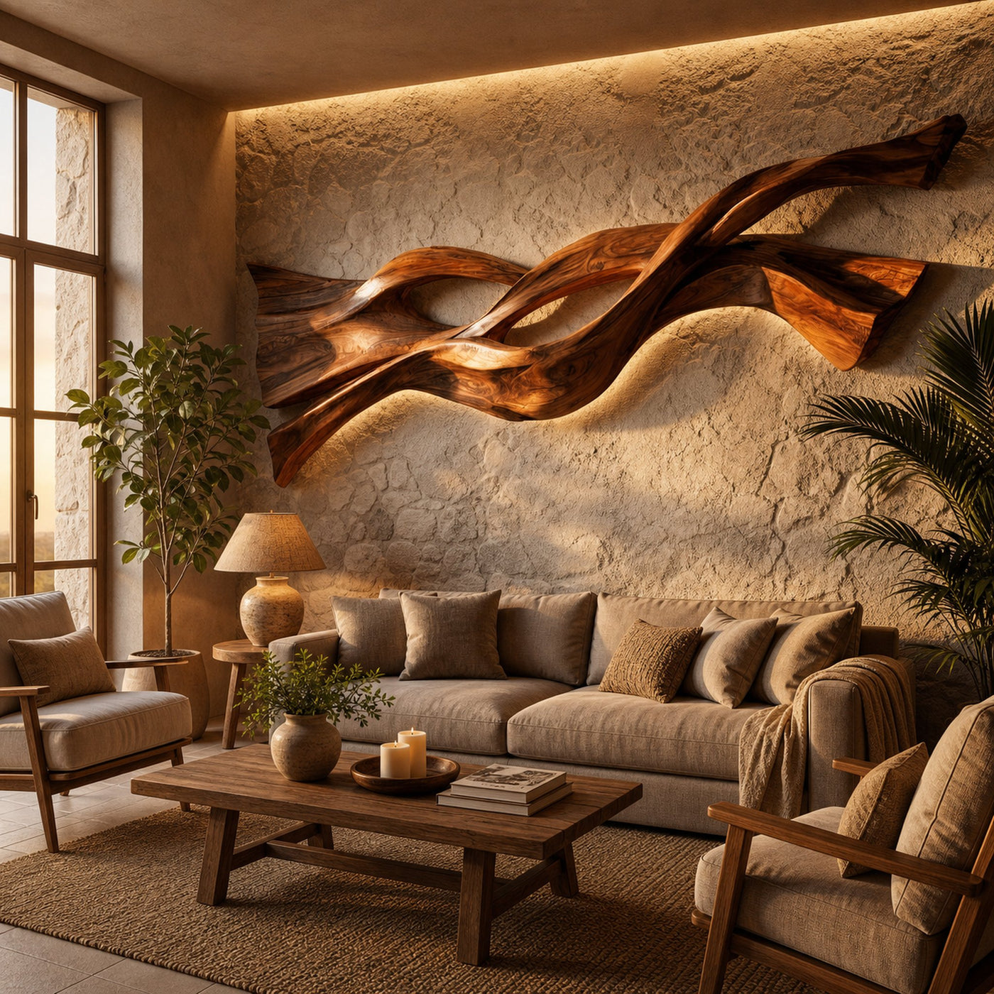 Contemporary Wood Wall Art Flowing Design For Living Room