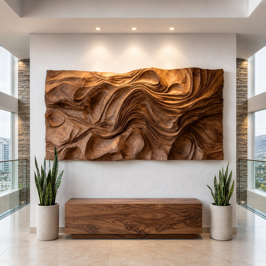 Contemporary Wood Wall Art Wave Carved Design For Wall Deco