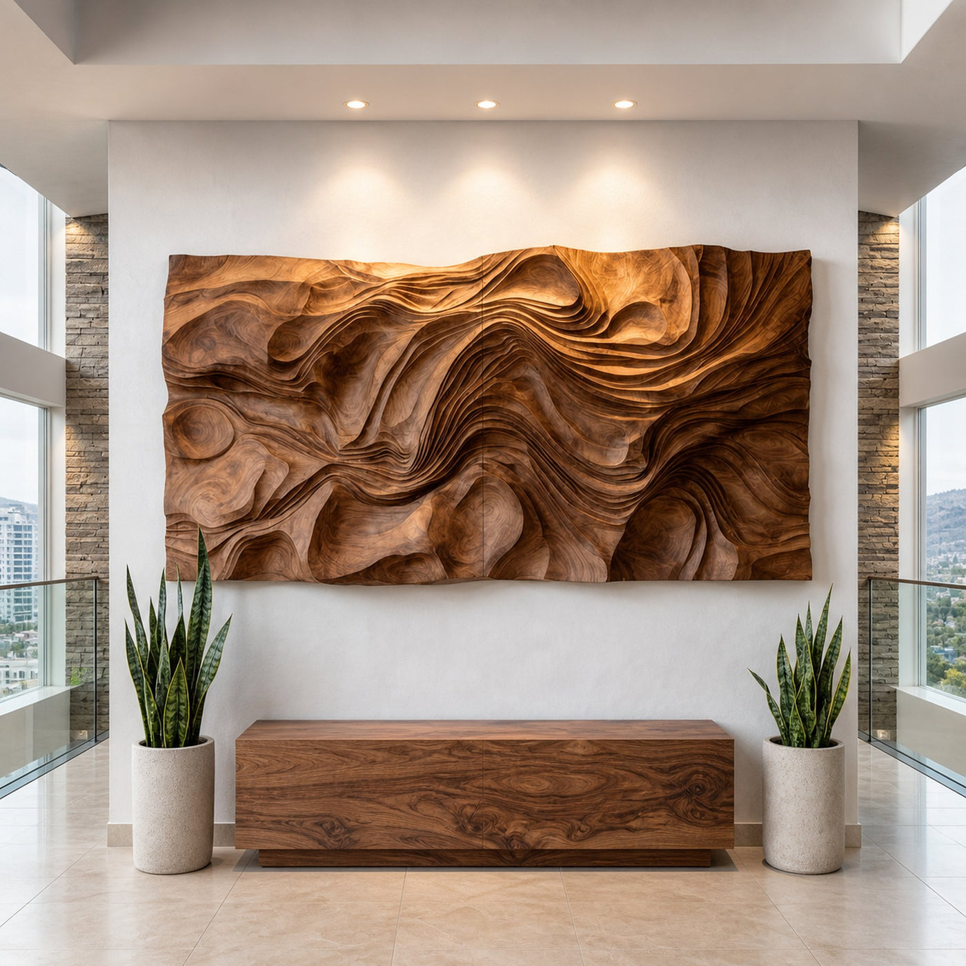 Contemporary Wood Wall Art Wave Carved Design For Wall Deco
