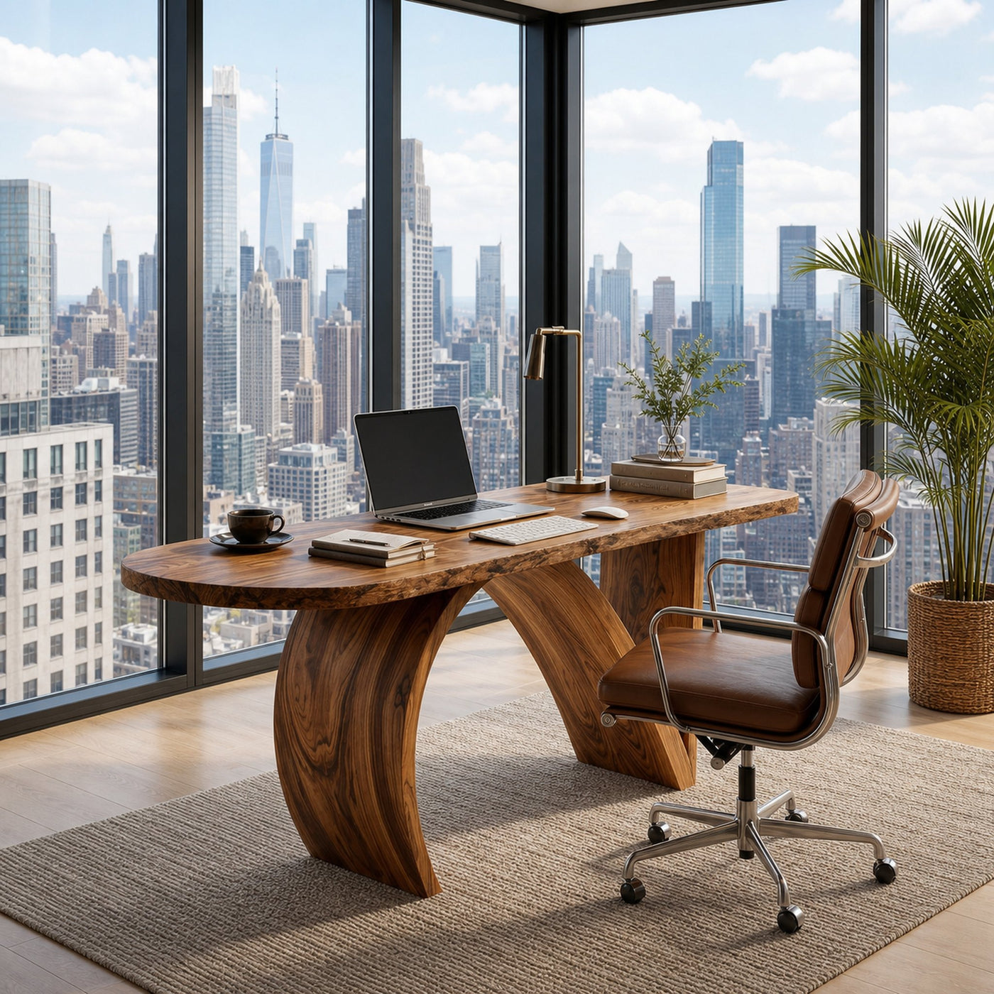 Contemporary Wooden Desk With Artistic Base For Home Workspace