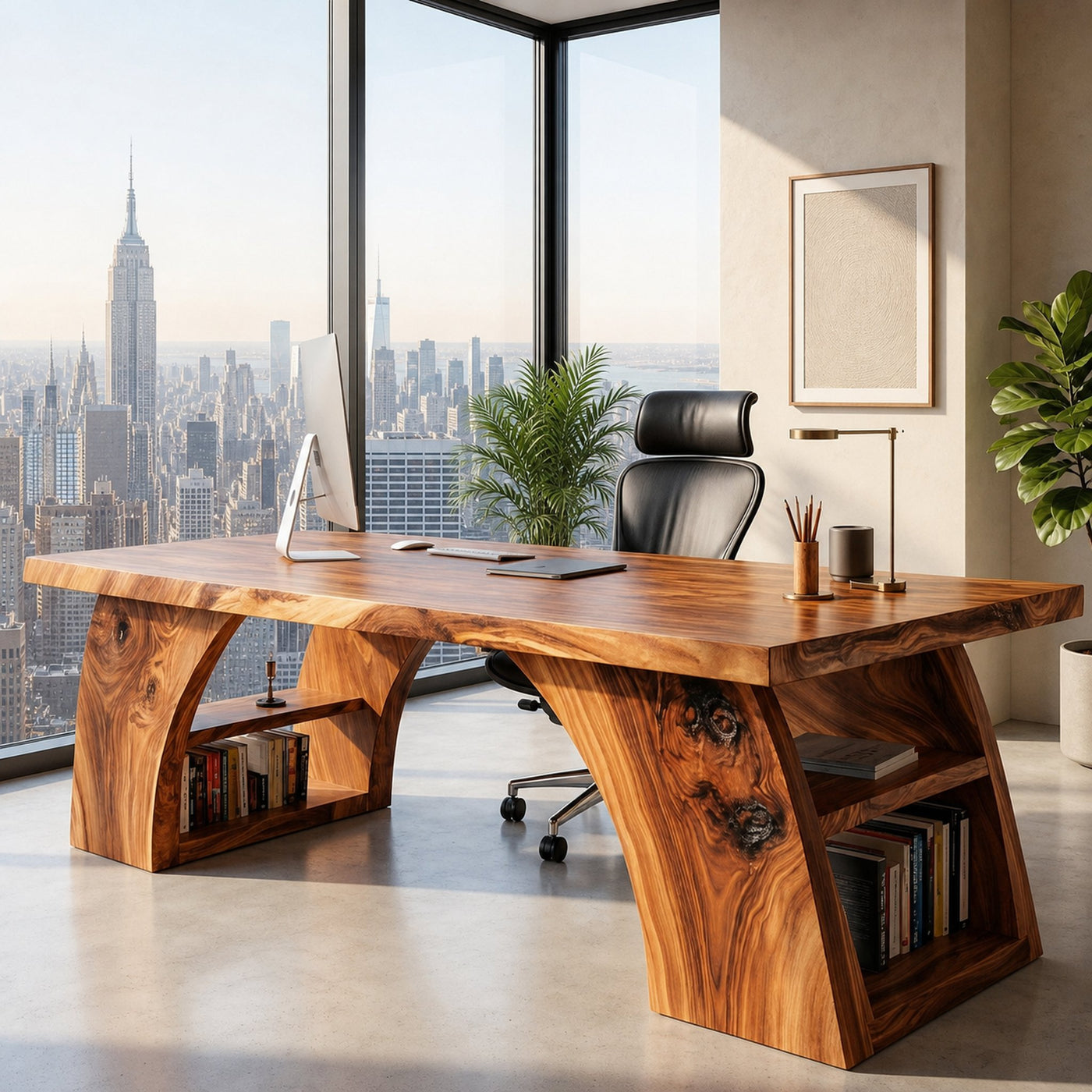 Contemporary Wooden Desk With Open Shelving For Home Office
