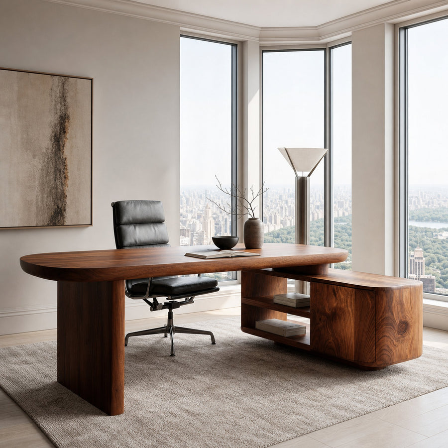 Contemporary Wooden L Desk With Rounded Form For Creative Studio