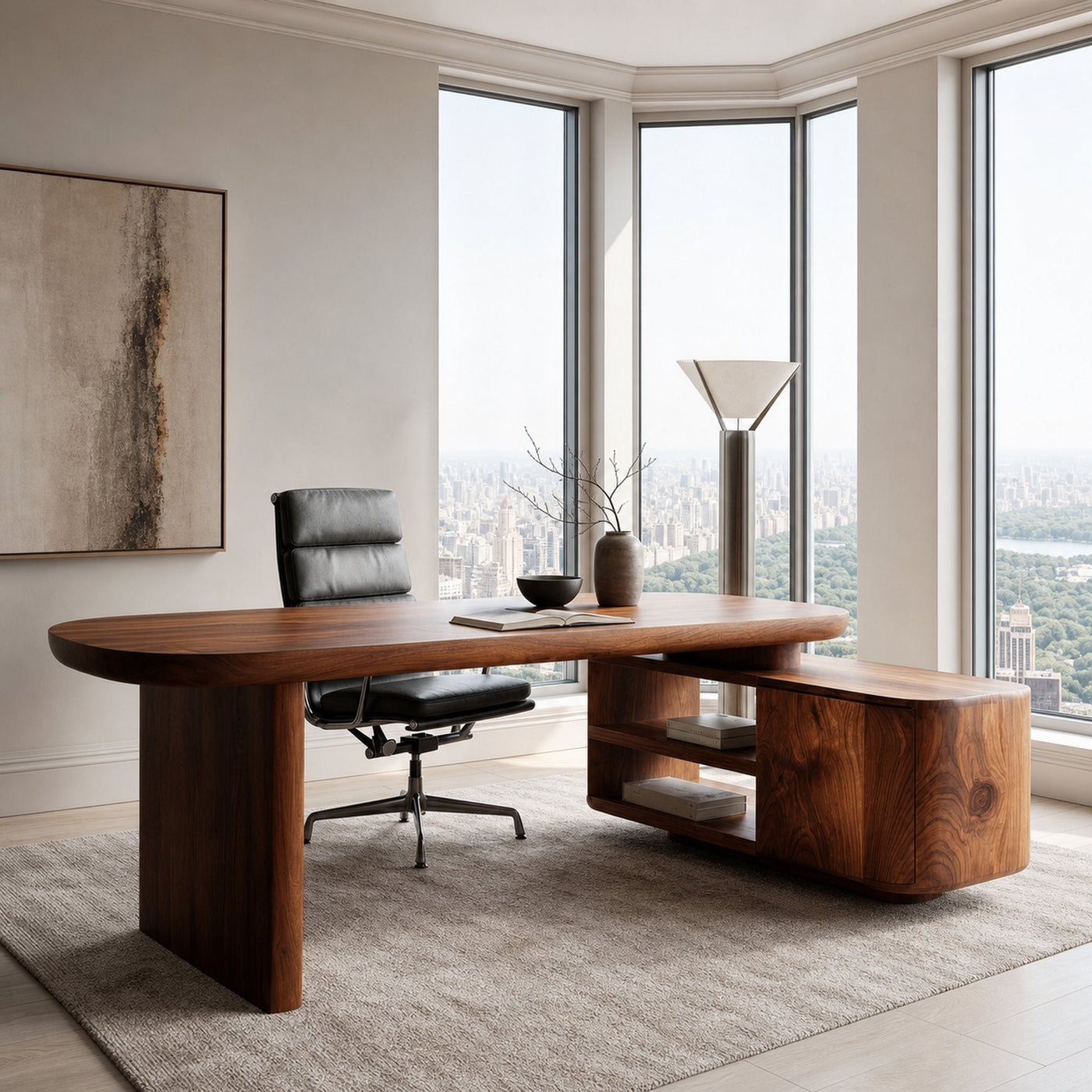 Contemporary Wooden L Desk With Rounded Form For Creative Studio