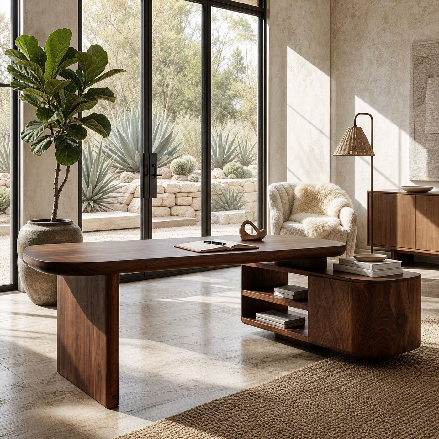 Contemporary Wooden L Desk With Rounded Form For Creative Studio - product view 7
